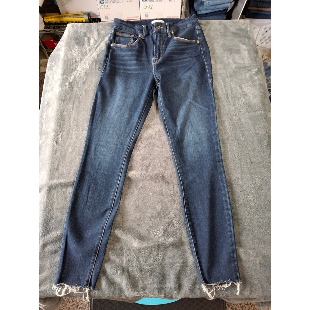Good American Good Legs High Rise Skinny Jeans Dark Wash Raw Hem Size 8/29